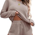 Ekouaer Womens Waffle Knit Pajama Sets Long Sleeve Top and Shorts Matching Lounge Set Loungewear Sweatsuit with Pockets